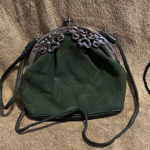 Dark Green Suede Ladies Crossbody Bag with Silver Frame
